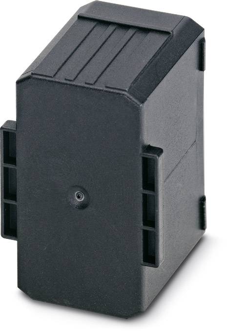 Schwarzes, rechteckiges Kunststoffgehäuse mit glatter Oberfläche und seitlichen Befestigungslaschen.