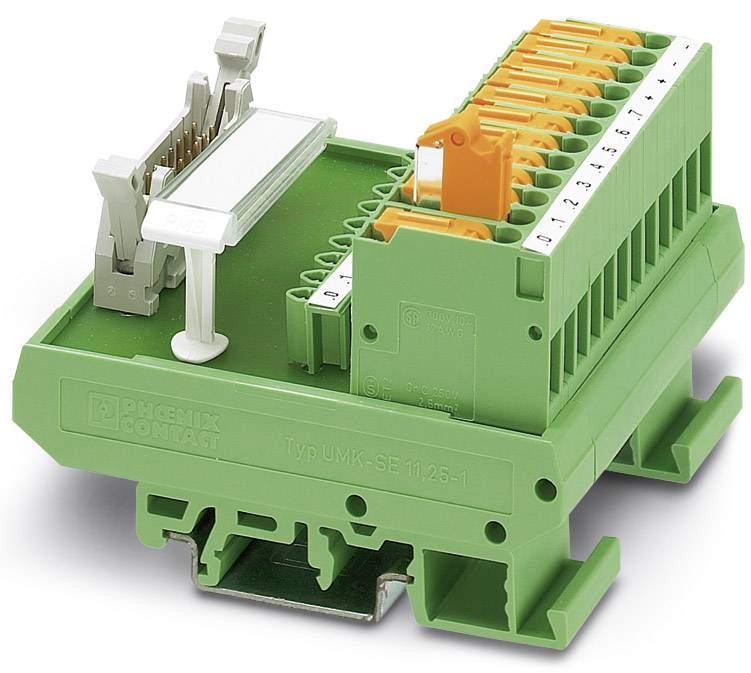 Grünes Steckmodul mit mehreren Kontakten und orangenen Klemmen, Montage auf DIN-Schiene, geeignet für elektrische Verbindungen.