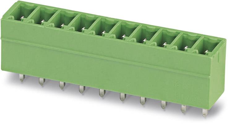 Grüner Steckverbinder mit zehn Anschlüssen, für Leiterplattenmontage.