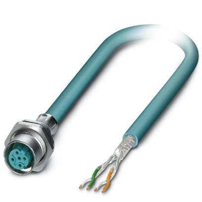 Ein M12-Anschlussstecker mit abisolierten, mehrfarbigen Drähten. Geeignet für industrielle Automatisierung und Sensorik.