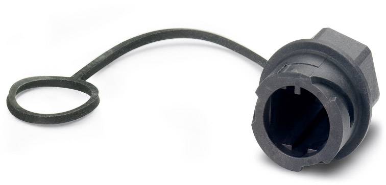 Schwarzer Kunststoffstopfen mit flexiblem Befestigungsband, geeignet zum Verschließen von runden Öffnungen bei elektronischen Geräten.