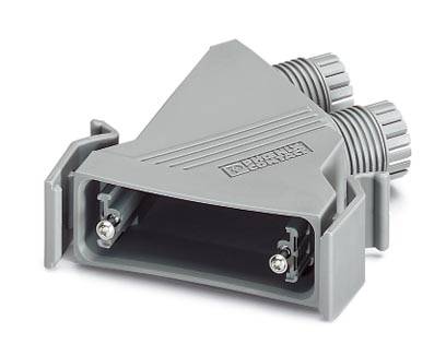 Graues, dreieckiges Plastikgehäuse mit zwei runden Anschlüssen und Schrauben an der Unterseite, geeignet für elektronische Verbindungen.