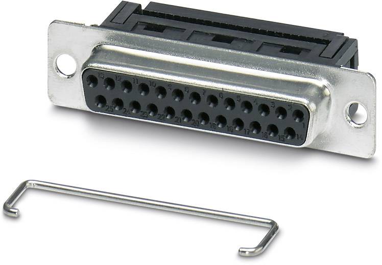 Metallstecker mit mehreren Pins und rechteckigem Gehäuse, neben einem U-förmigen Drahtclip, auf weißem Hintergrund.