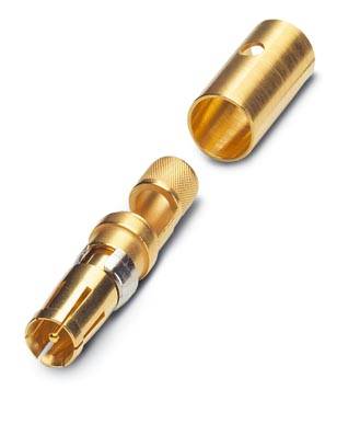 Zwei goldene Koaxialsteckerteile liegen nebeneinander. Ein Teil ist ein Stecker, der andere die Hülse. Sie sind zur Verbindung gedacht.