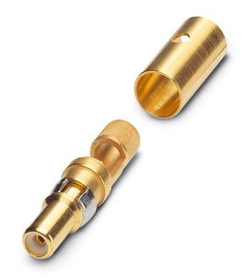 Steckertyp und Buchse aus goldfarbenem Metall, nebeneinander abgebildet. Geeignet für elektrische Verbindungen.