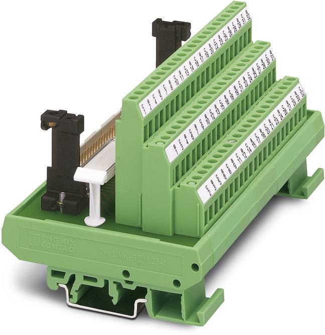 Grüner, gestufter Leiterplattensteckverbinder von Phoenix Contact mit mehreren Reihen von Anschlüssen, geeignet für DIN-Schiene.