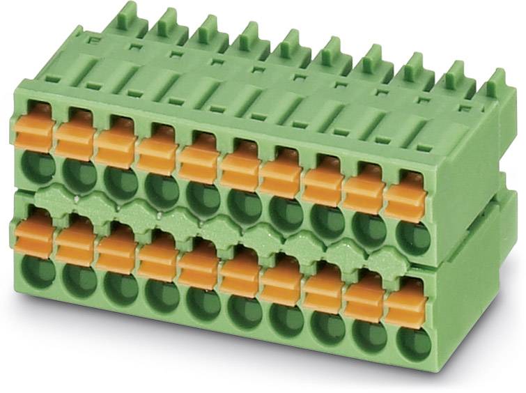 Grüner Steckverbinderblock mit zwei Reihen orangefarbener Steckplätze, verwendet für elektrische Verdrahtungen und Verbindungen.