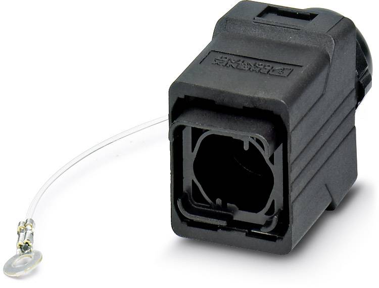 Schwarzer, rechteckiger elektrischer Steckverbinder mit transparentem Kabel und Metallring.