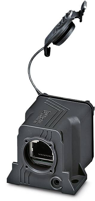 Ein schwarzer Steckverbinder mit Ethernet-Anschluss und abnehmbarer Schutzkappe, geeignet für industrielle Anwendungen.