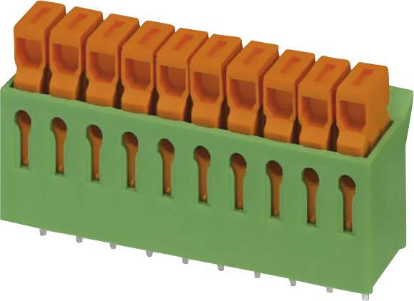 Eine grüne Steckklemme mit neun orangefarbenen Anschlussbuchsen, geeignet für die Befestigung von elektrischen Leitern.