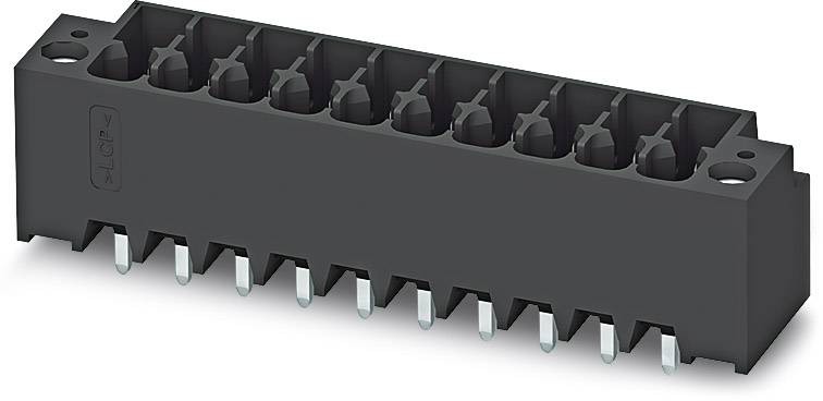 Schwarzer, rechteckiger elektrischer Steckverbinder mit mehreren Stiften, die aus der Unterseite herausragen.