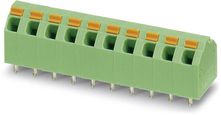 Grüner, achtpoliger Leiterplatten-Steckverbinder mit orangenen Hebeln. Wird für elektrische Verbindungen verwendet.