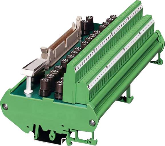 Grünes elektrisches Anschlussmodul mit mehreren Klemmen und Steckverbindungen, geeignet für industrielle Verkabelung und Schaltschrankinstallationen.