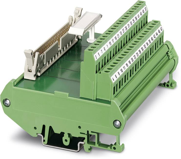 Grünes elektrisches Anschlussmodul mit nummerierten Steckplätzen und Hebel an beiden Enden, für industrielle Verkabelung geeignet.
