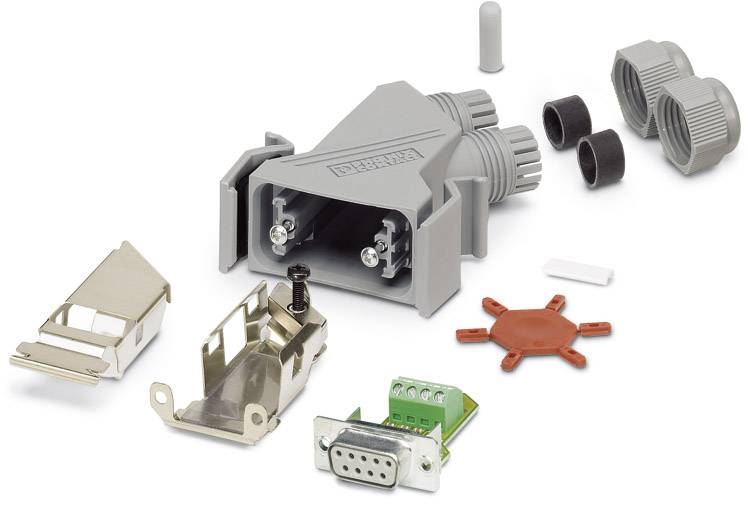 Einzelteile eines D-Sub-Steckverbinders: graues Gehäuse, Metallclips, Schrauben und Leiterplatte. Komponenten für die elektrische Verbindungsmontage.