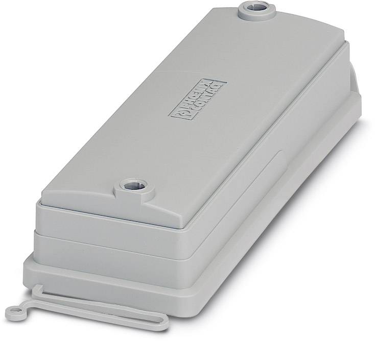 Graues Kunststoffgehäuse mit abgerundeten Ecken und zwei Schraublöchern; geeignet für elektrische oder elektronische Bauteile.