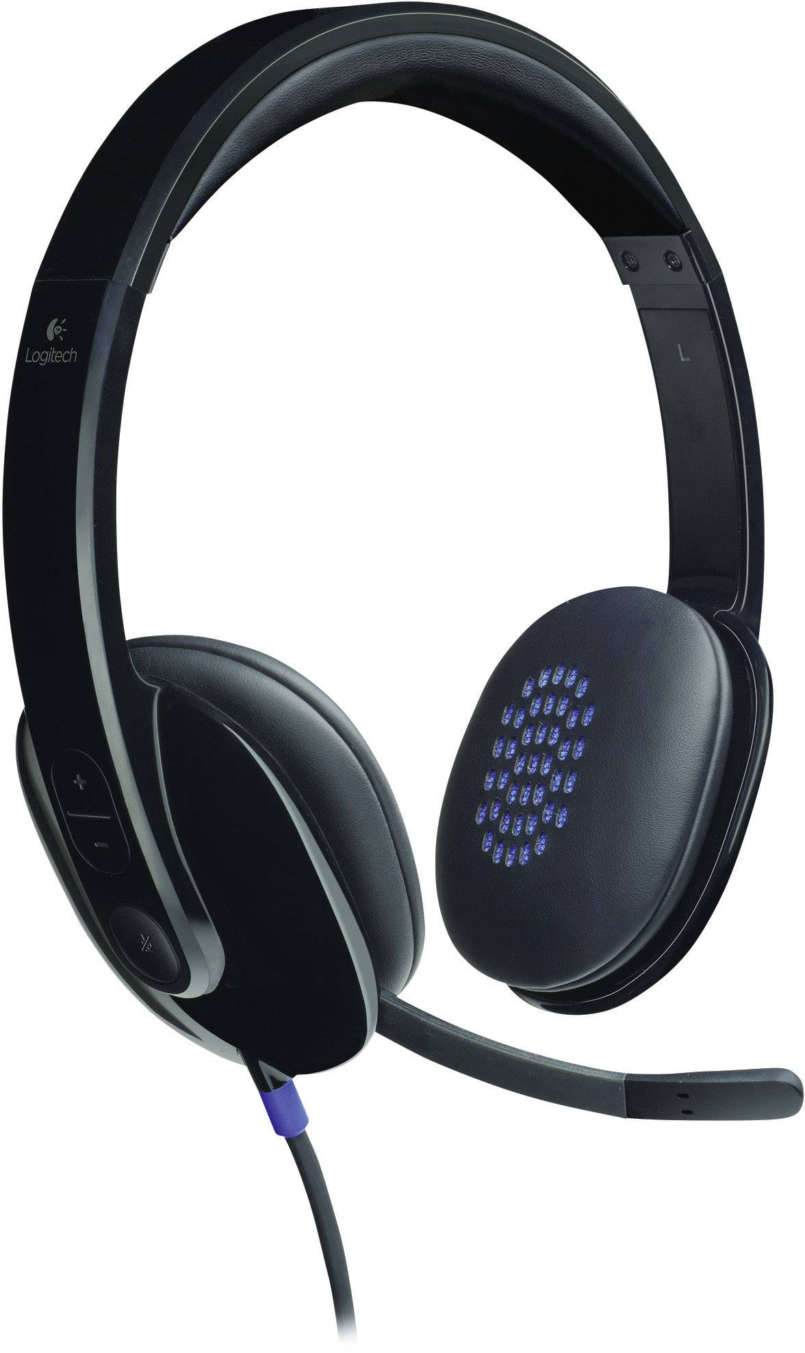 Schwarzes Logitech-Headset mit Mikrofon und Ohrmuscheln mit blauen und weißen Punkten, seitliche Lautstärkeregler sichtbar.