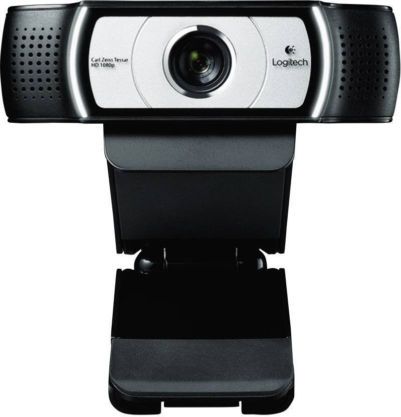 Eine schwarze Logitech-Webcam mit HD-Auflösung (1080p) und eingebautem Mikrofon, geeignet für Videoanrufe und -konferenzen.