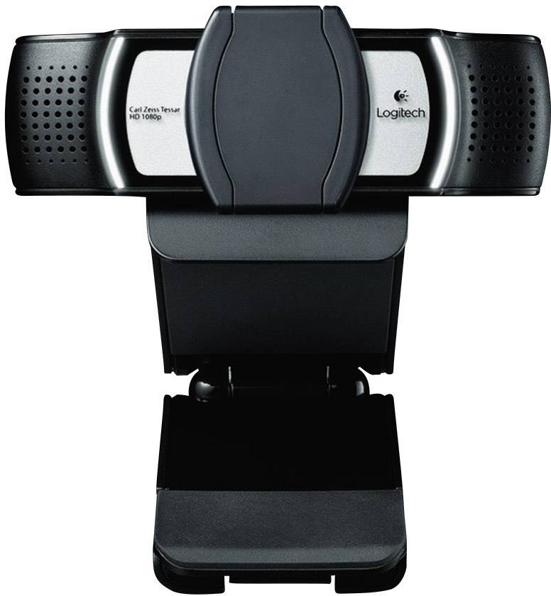 Schwarze Logitech-Webcam mit integriertem Mikrofon, Modell 'Carl Zeiss Tessar HD 1080p', für Videokonferenzen und Streaming.