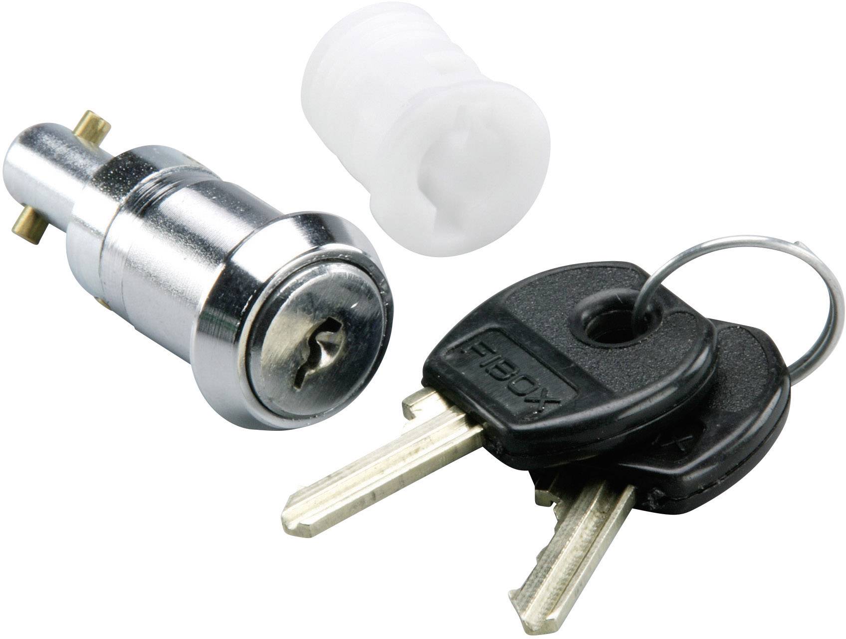 Schlösser-Set mit zwei Schlüsseln und einem silbernen Schließzylinder, neben einer weißen Hülse.