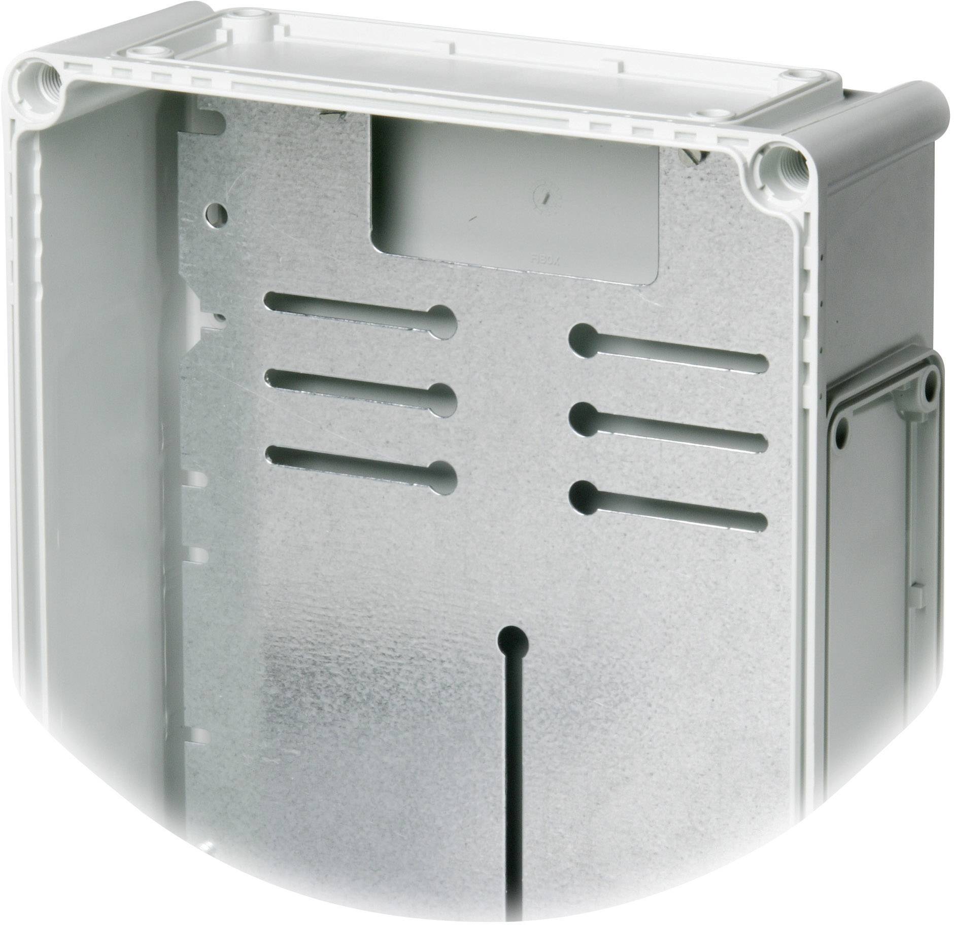 Metallische Box mit mehreren Schlitzen und einer Öffnung, möglicherweise ein Gehäuse oder Teil einer technischen Ausrüstung.