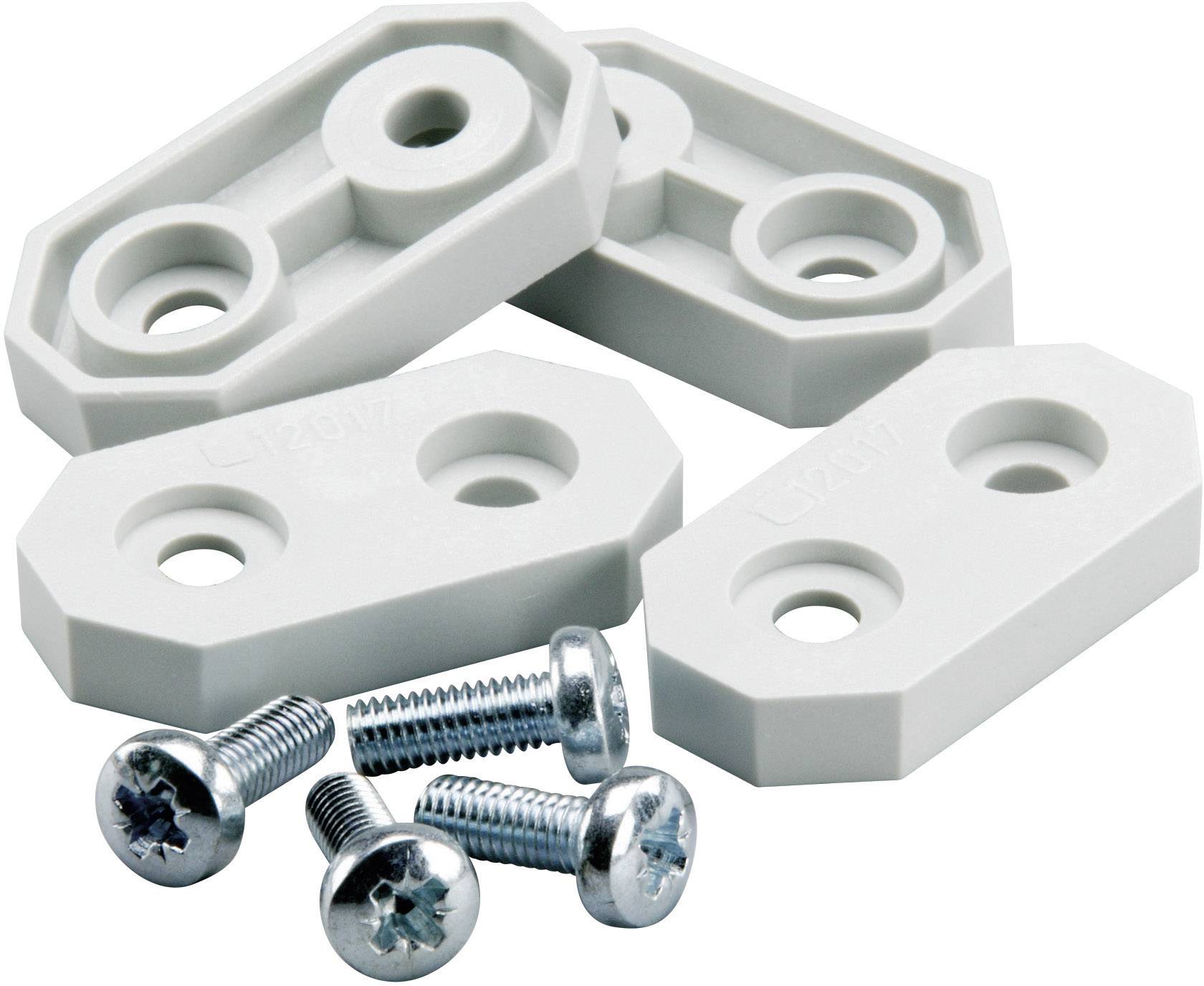 Vier weiße Kunststoffplatten mit jeweils zwei Schraublöchern, begleitet von vier Metallschrauben.