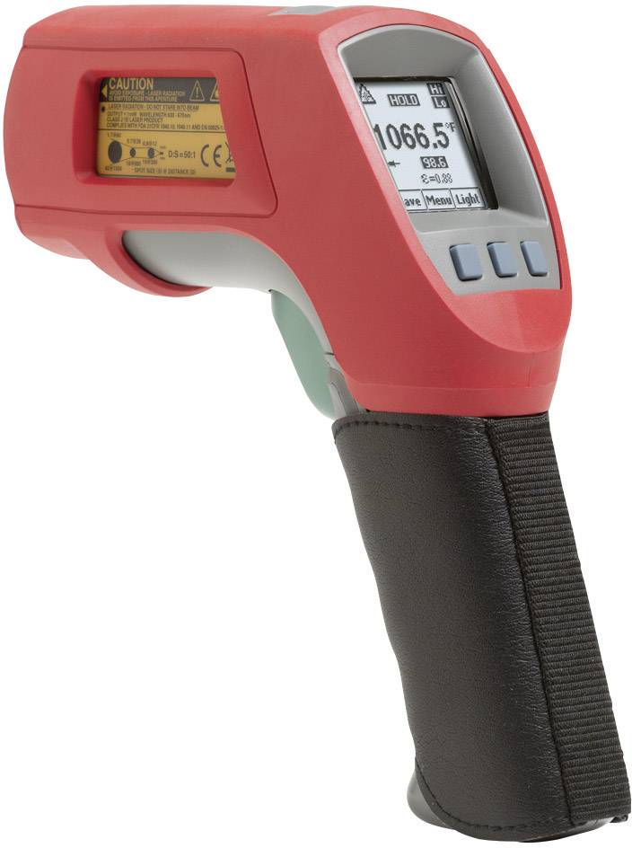 Ein digitales Infrarot-Thermometer mit roter und schwarzer Verkleidung, zeigt eine Temperatur von 1066,5 Grad auf dem Display an.