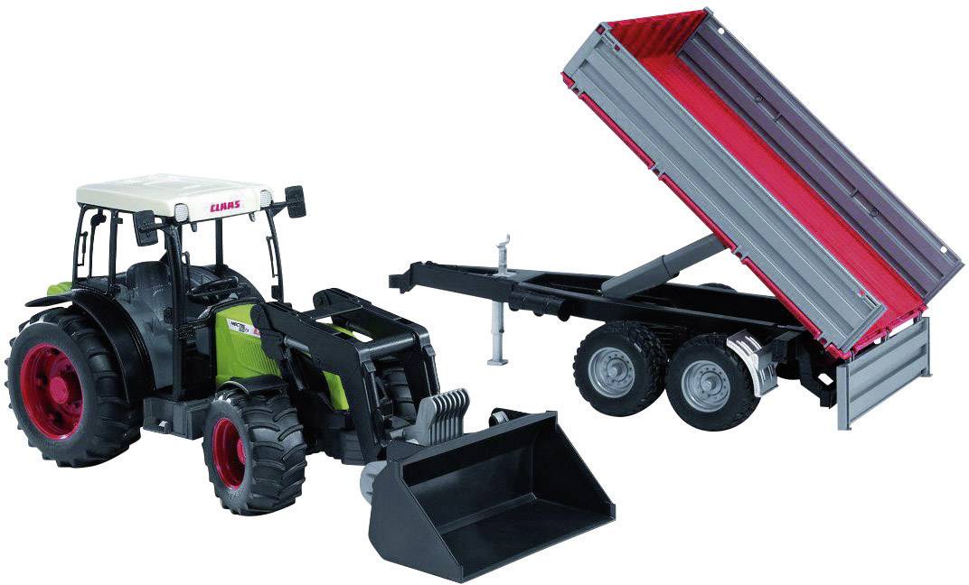 Spielzeugtraktor mit Anhänger. Traktor hat einen Lader vorne, Anhänger ist hochgeklappt. Ideal für Kinder ab 3 Jahren.