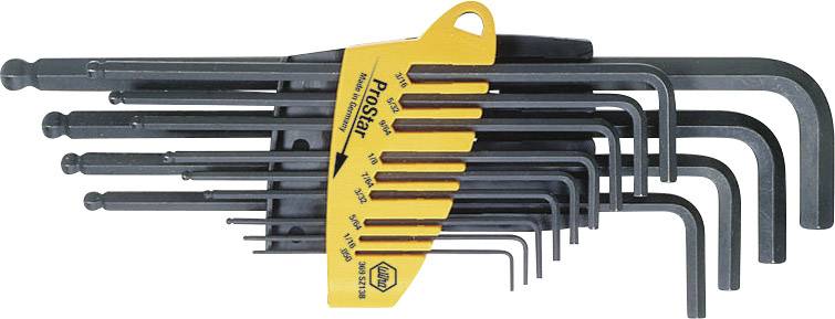 Ein Satz torx- und innensechskantschlüssel in verschiedenen Größen auf einem gelben Halter, der 'ProStar' beschriftet ist.