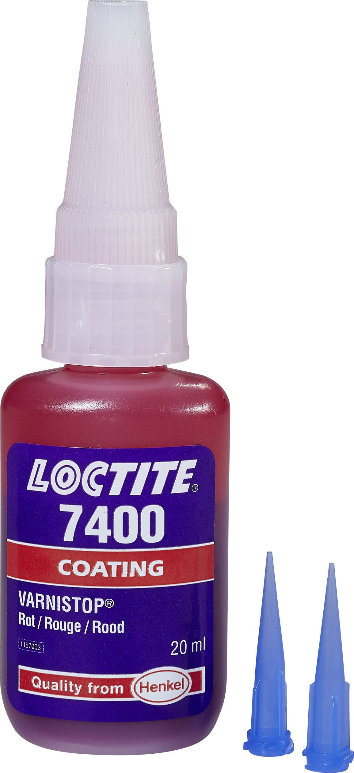 Rote Flasche mit der Aufschrift 'Loctite 7400 Coating'. Beinhaltet 'Varnistop' und hat zwei blaue Applikatorspitzen.