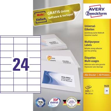 Avery-Zweckform 3422 Universal-Etiketten 70 x 35mm Papier Weiß 2400 St. Permanent haftend Tintenstrahldrucker, Laserdrucker