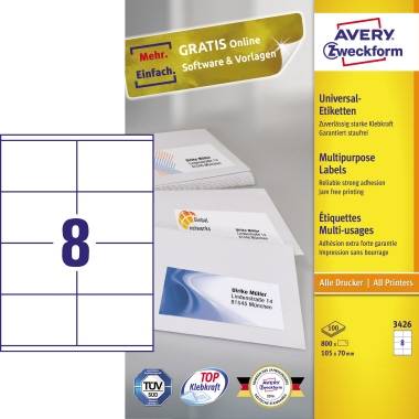 Avery-Zweckform 3426 Universal-Etiketten 105 x 70mm Papier Weiß 800 St. Permanent haftend Tintenstrahldrucker, Laserdrucker