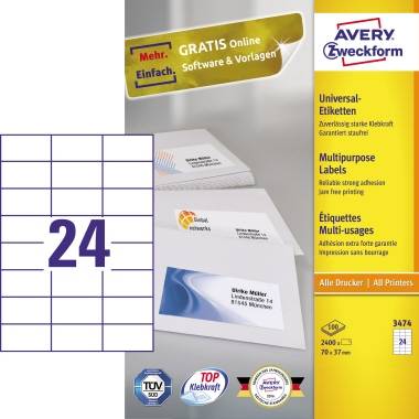 Avery-Zweckform 3474 Universal-Etiketten 70 x 37mm Papier Weiß 2400 St. Permanent haftend Tintenstrahldrucker, Laserdrucker