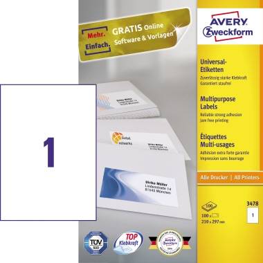 Avery-Zweckform 3478 Universal-Etiketten 210 x 297mm Papier Weiß 100 St. Permanent haftend Tintenstrahldrucker, Laserdrucker