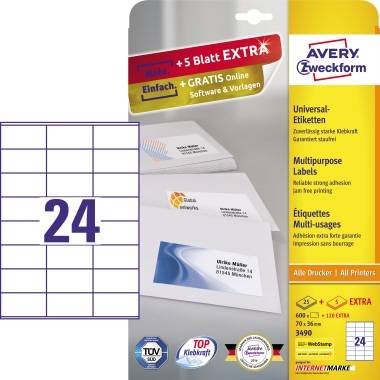 Avery-Zweckform 3490 Universal-Etiketten 70 x 36mm Papier Weiß 720 St. Permanent haftend Tintenstrahldrucker, Laserdrucker