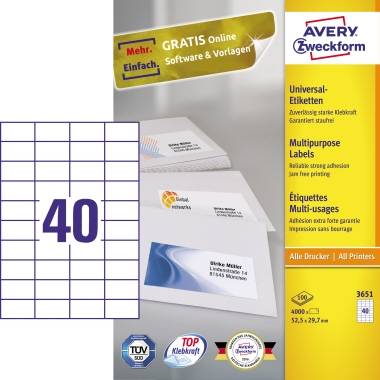 Avery-Zweckform 3651 Universal-Etiketten 52.5 x 29.7mm Papier Weiß 4000 St. Permanent haftend Tintenstrahldrucker, Laserdrucker