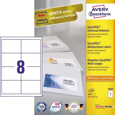 Avery-Zweckform 3660 Universal-Etiketten 97 x 67.7mm Papier Weiß 800 St. Permanent haftend Tintenstrahldrucker, Laserdrucker