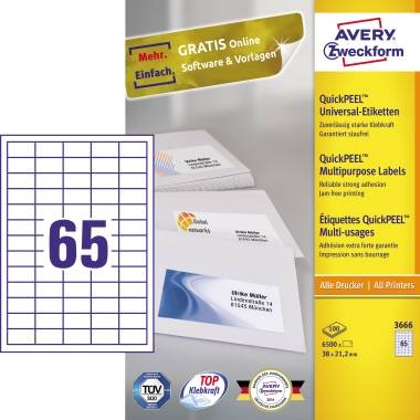 Avery-Zweckform 3666 Universal-Etiketten 38 x 21.2mm Papier Weiß 6500 St. Permanent haftend Tintenstrahldrucker, Laserdrucker