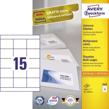 Avery-Zweckform 3669 Universal-Etiketten 70 x 50.8mm Papier Weiß 1500 St. Permanent haftend Tintenstrahldrucker, Laserdrucker