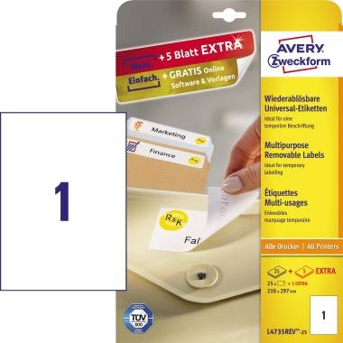 Avery-Zweckform L4735REV-25 Universal-Etiketten 210 x 297mm Papier Weiß 30 St. Wiederablösbar Tintenstrahldrucker, Laserdrucker