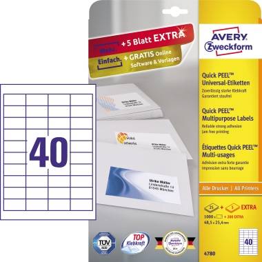 Avery-Zweckform 4780 Universal-Etiketten 48.5 x 25.4mm Papier Weiß 1200 St. Permanent haftend Tintenstrahldrucker, Laserdrucker