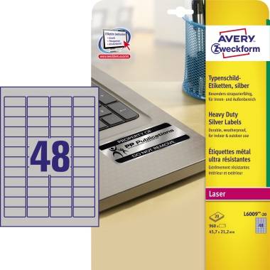 Avery-Zweckform L6009-20 Typenschild-Etiketten 45.7 x 21.2mm Polyester-Folie Silber 960 St. Permanent haftend Laserdrucker