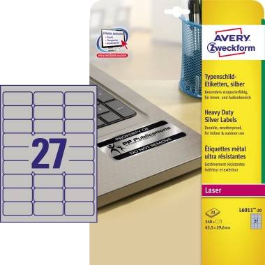 Avery-Zweckform L6011-20 Typenschild-Etiketten 63.5 x 29.6 mm Polyester-Folie Silber 540 St. Permanent haftend Laserdrucker, Kopierer