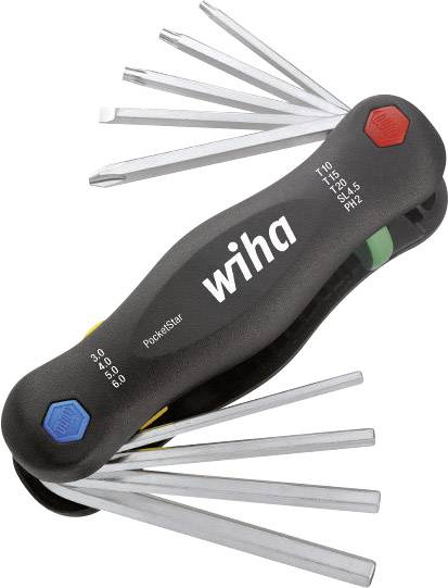 Ein Multitool mit mehreren ausklappbaren Schraubendrehern verschiedener Typen, kompakt und tragbar, hergestellt von Wiha.