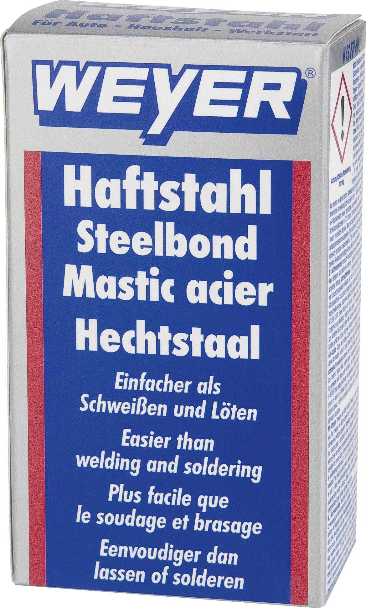 Verpackung von Weyer Haftstahl Steelbond, einem Klebstoff, der als einfacher als Schweißen und Löten beworben wird.