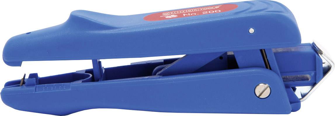 Blauer Heftgerät-Seitansicht, metallisch, Griff gelockert, für Papierheftung im Büro.