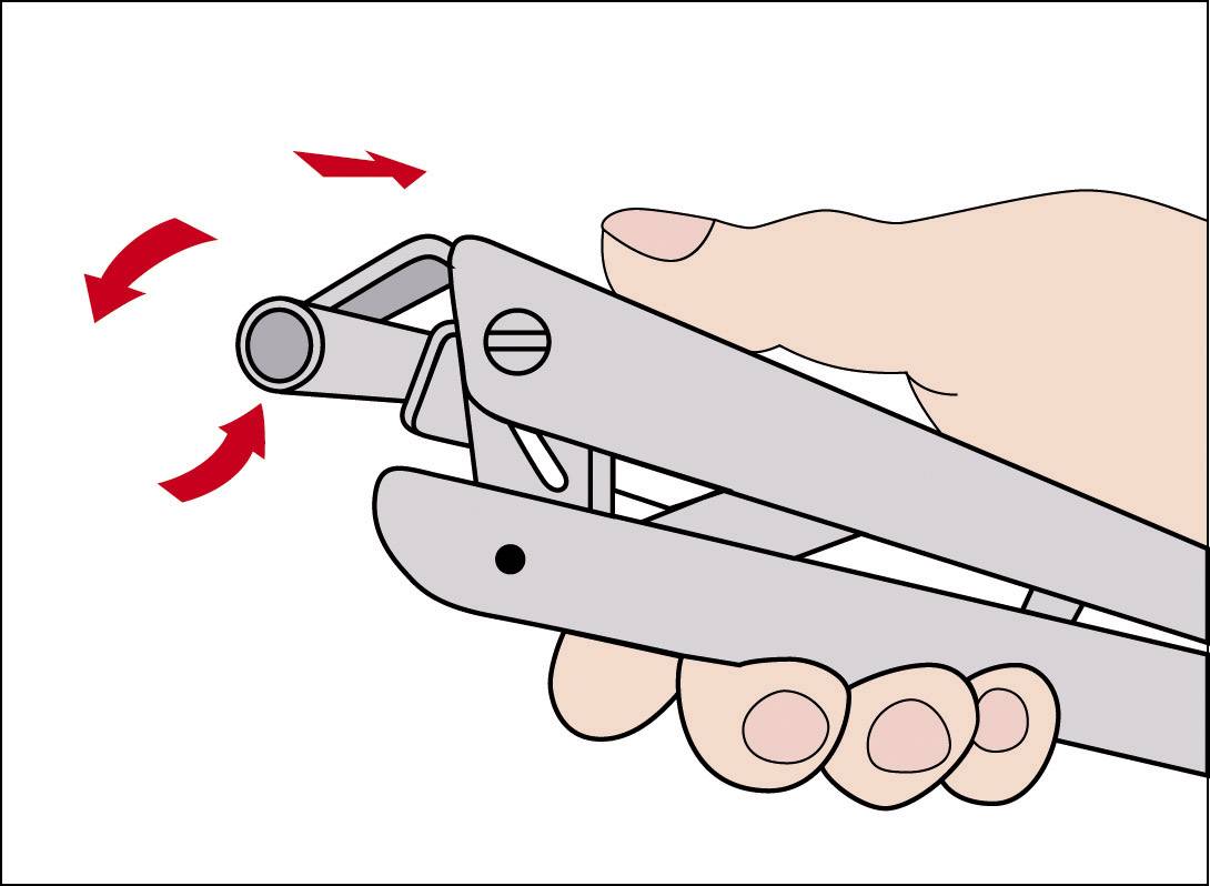 Illustration einer Hand, die einen Nagelknipser benutzt. Drei rote Pfeile zeigen die Richtung der Hebelbewegung zum Schneiden der Nägel an.