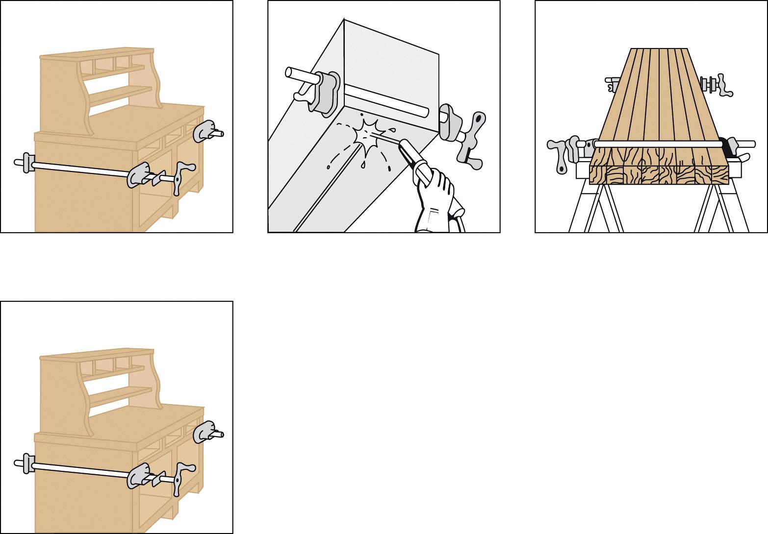 Drei Illustrationen in einem Schritt-für-Schritt-Format zeigen den Bau eines Holzprojekts mit einer Klemme, einem Hammer und Nägeln.