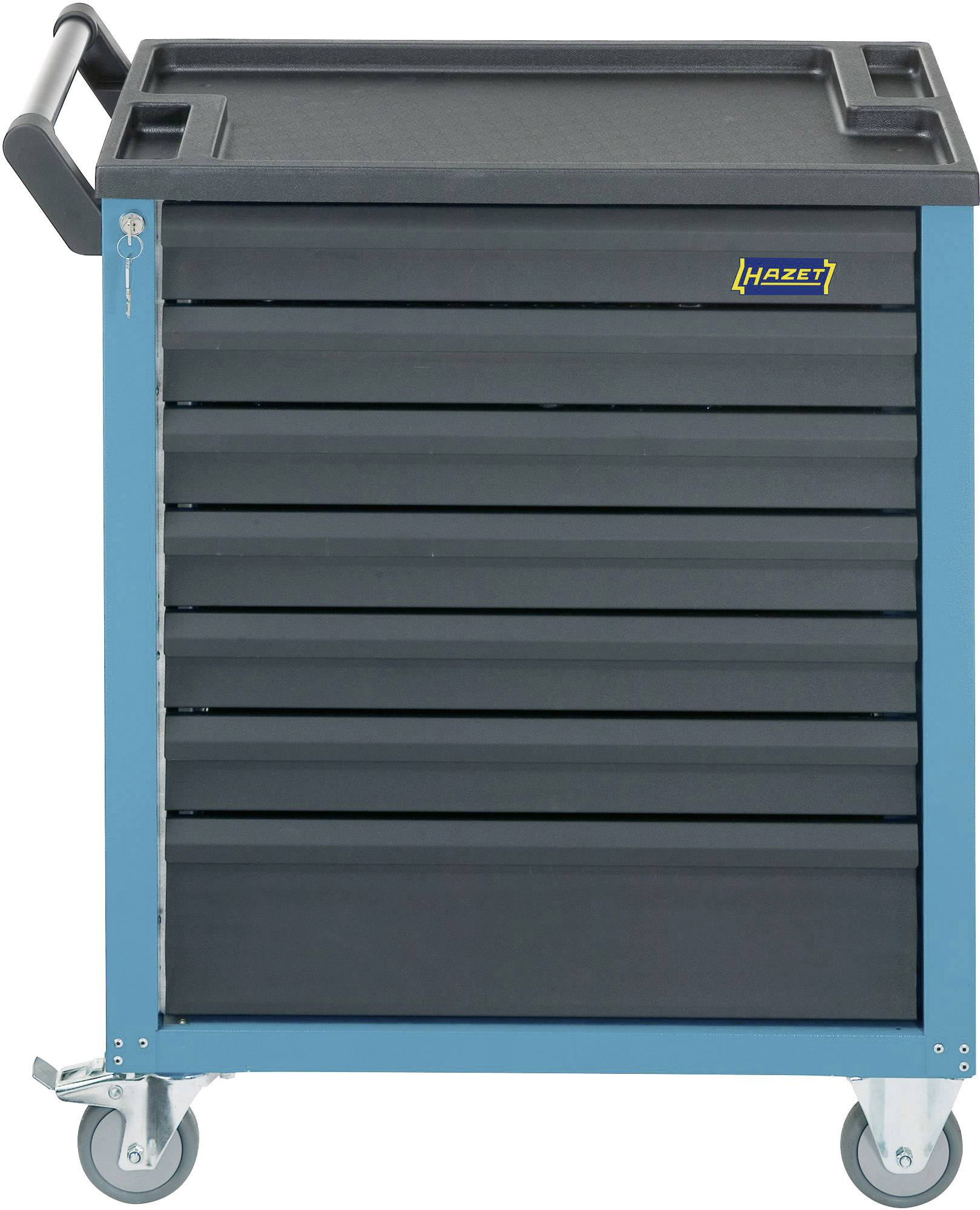 Ein blauer Werkzeugwagen mit sechs schwarzen Schubladen und Rollen, geeignet zur Aufbewahrung von Werkzeugen.