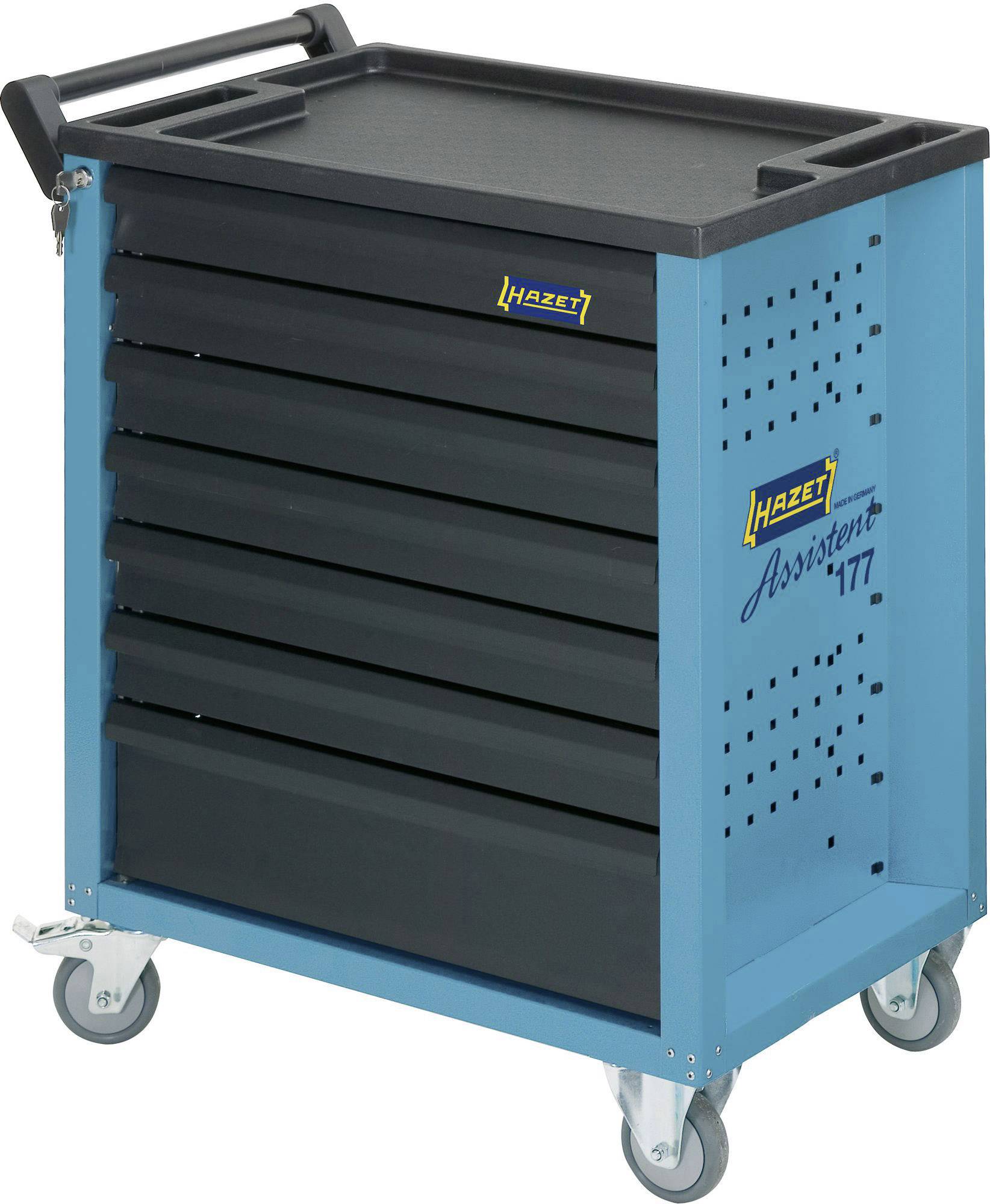 Blauer Werkzeugwagen mit sechs schwarzen Schubladen und vier Rollen, Marke 'Hazet' auf den Schubladen sichtbar.